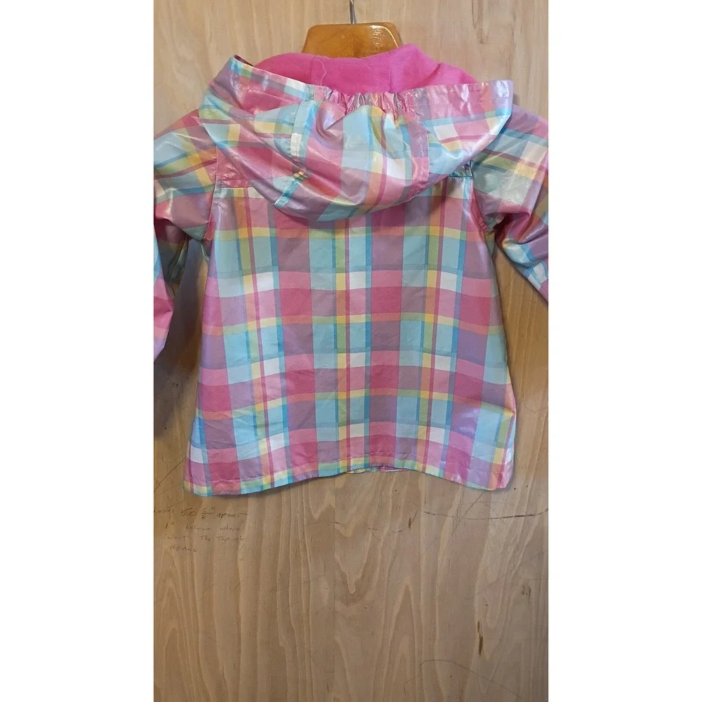 OshKosh Bgosh Girls Pastel Plaid Hooded Raincoat Retro Preppy Style Size 5